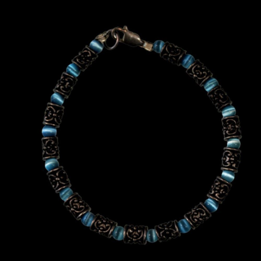 Beaded Bracelet Silver Tone Cylinder Beads with Blue Glass Spacers Stackable 6"